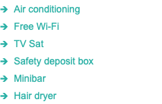 1 Air conditioning 1 Free Wi-Fi 1 TV Sat 1 Safety deposit box 1 Minibar 1 Hair dryer